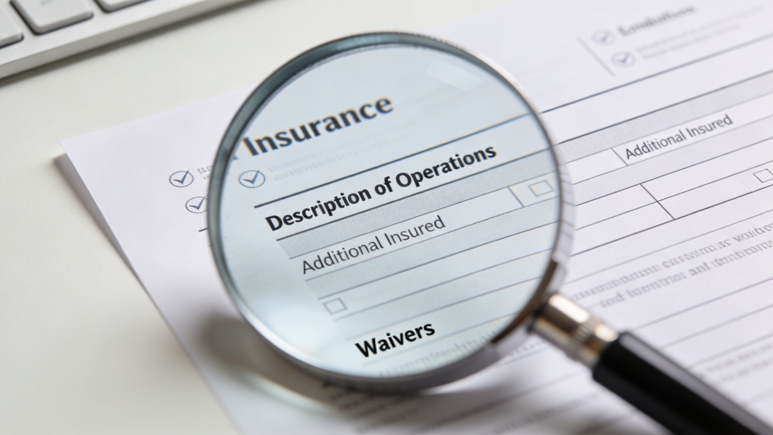 A magnifying glass focused on the insurance document section labeled Description of Operations for verification purposes.