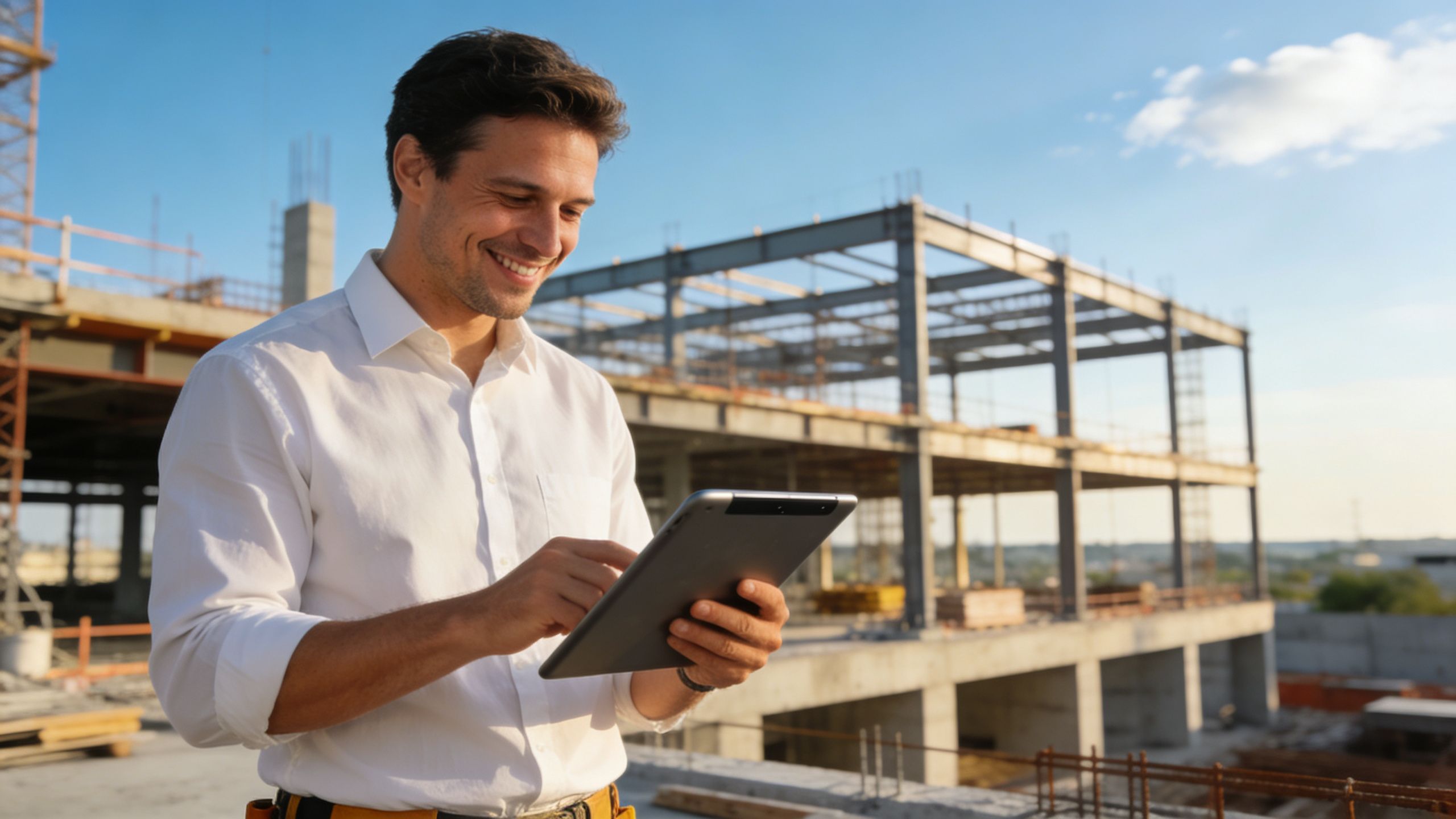 A smiling contractor holding a tablet at a construction site with a large building framework behind.