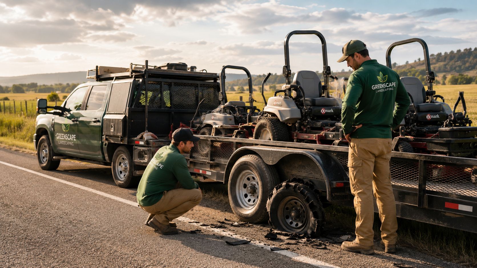 Two landscapers inspect a flat tire on a trailer carrying lawn mowers on a rural road.