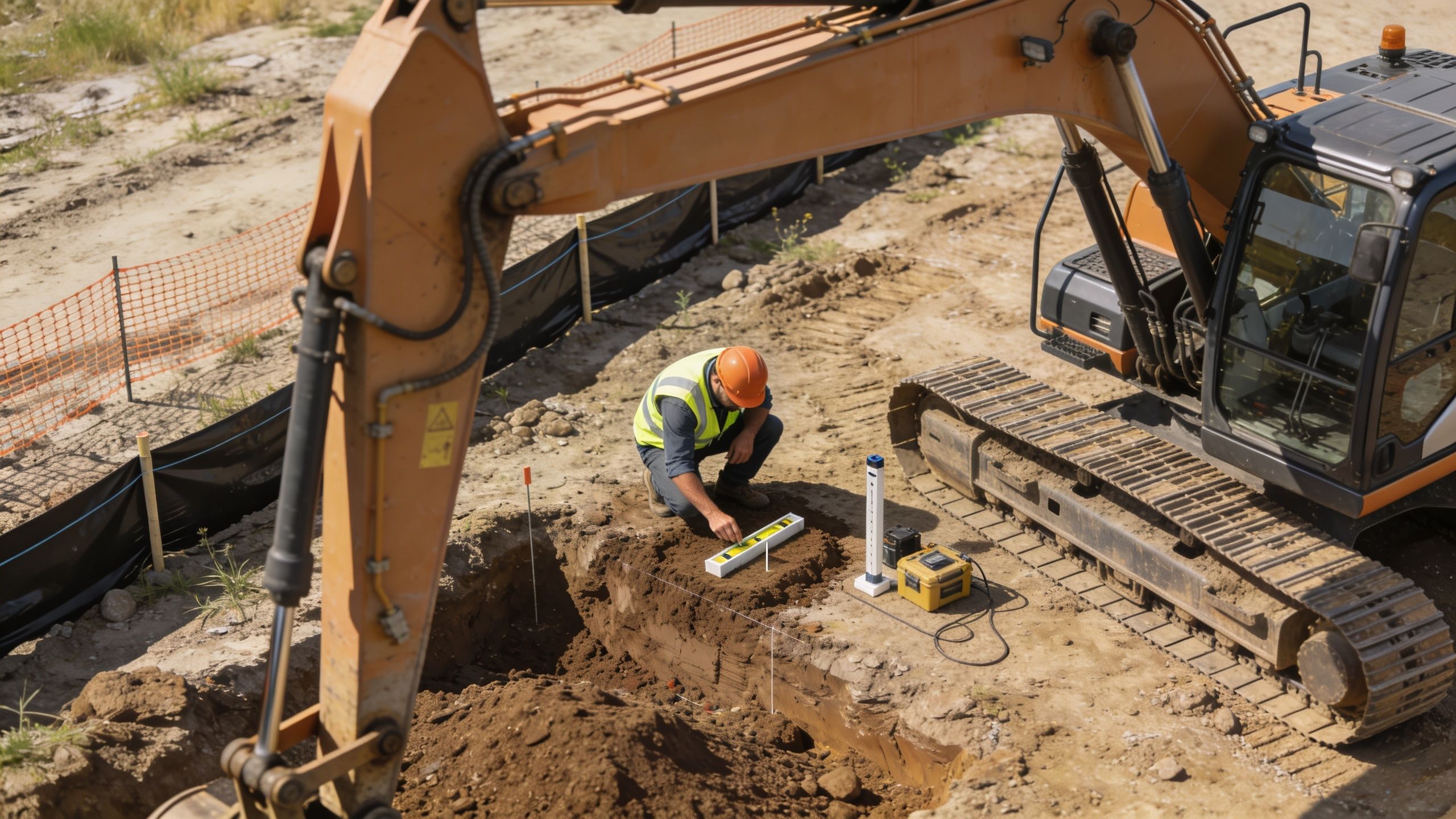 A construction worker in a high-visibility vest checks the soil level with a spirit level near an excavator.