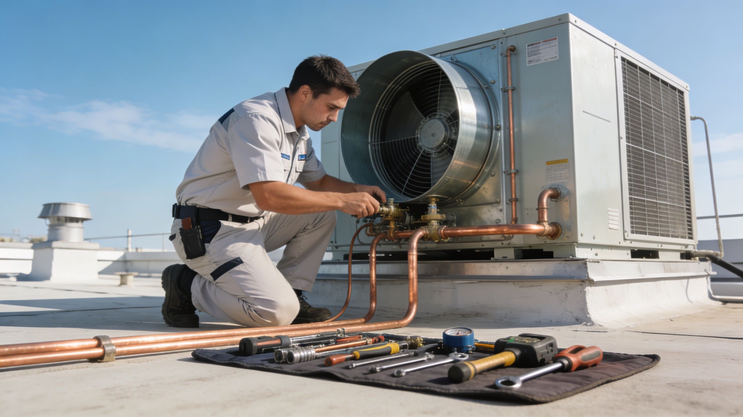 A professional HVAC technician kneeling on a rooftop while repairing a large commercial industrial air conditioning unit.