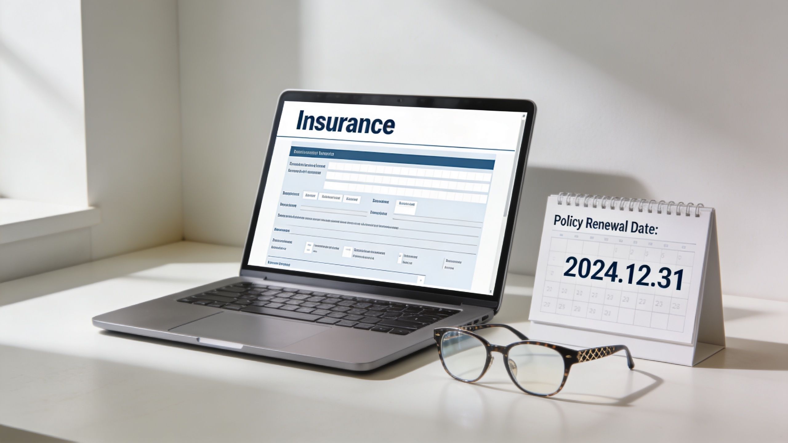 A laptop displaying an insurance document alongside a calendar showing a policy renewal date of December 31, 2024.