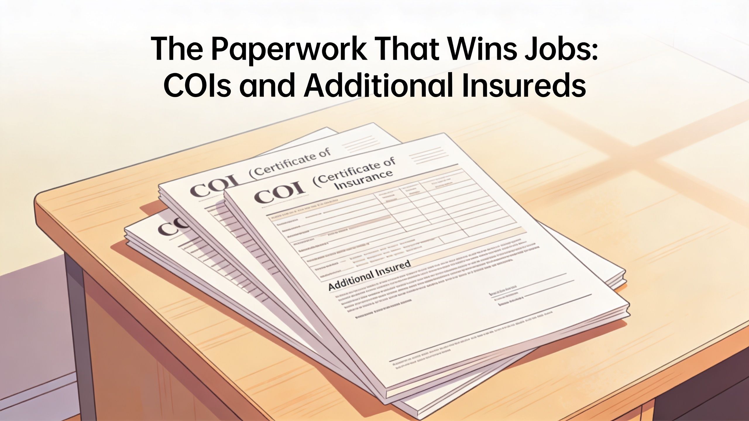 A stack of Certificate of Insurance (COI) documents resting on a wooden desk for contractor business.