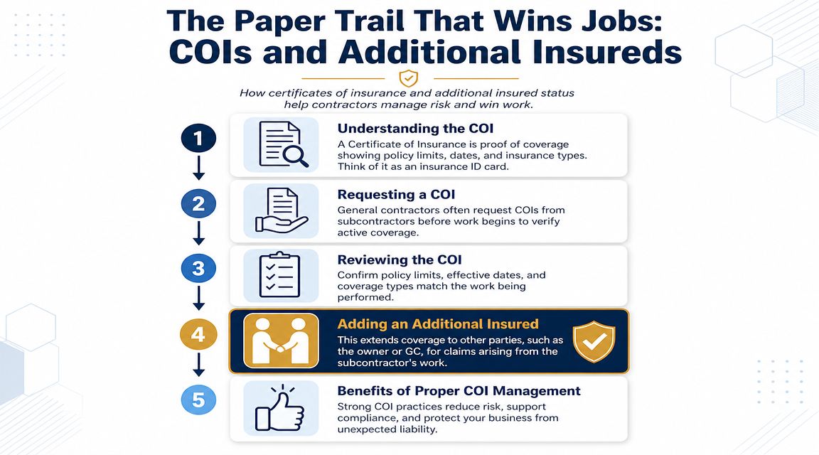 An infographic showing the five-step process of managing certificates of insurance and additional insured status for contractors.