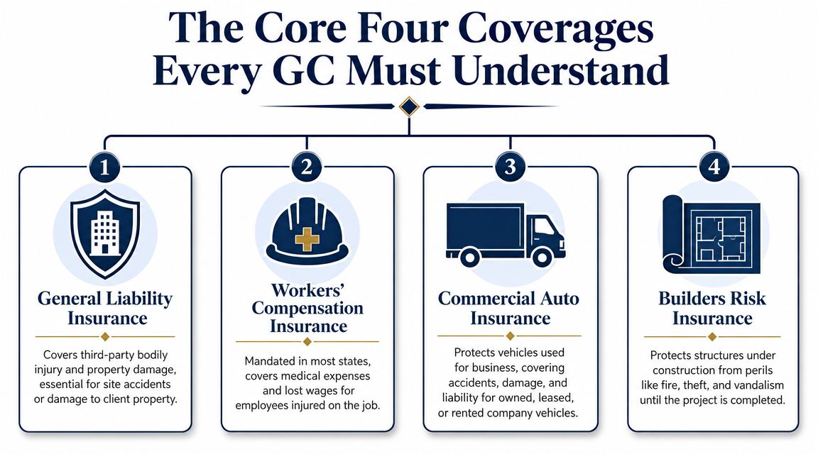 An infographic showing the four essential insurance types every general contractor must understand for their construction business.