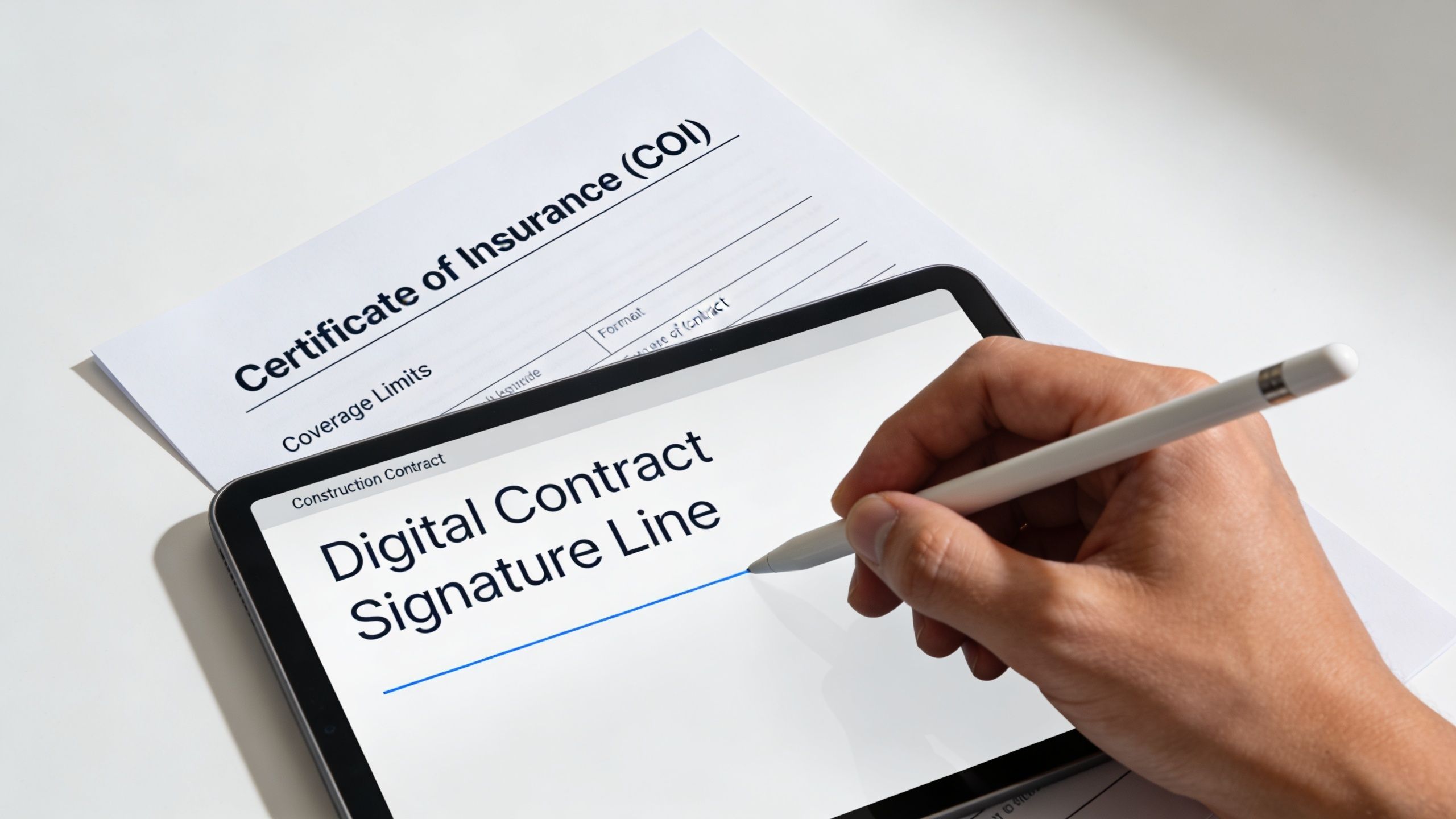 A hand using a digital pen to sign a contract on a tablet next to insurance documentation.