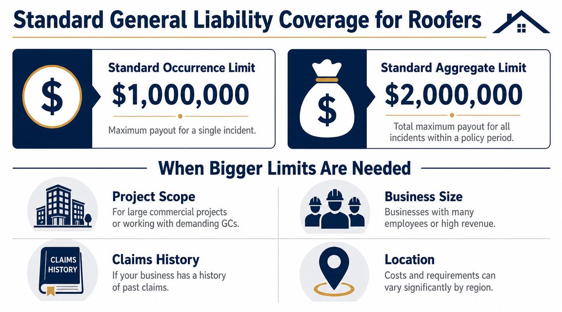 An infographic detailing standard general liability insurance coverage limits and factors requiring higher coverage for roofers.