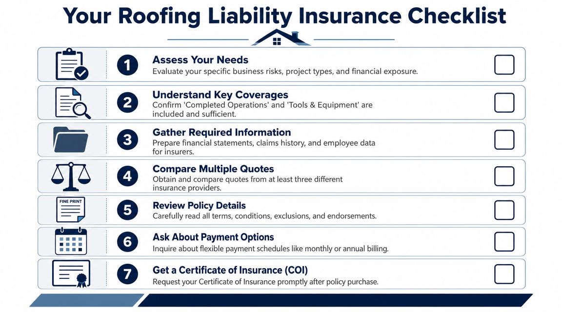 A checklist of seven essential steps for roofers to obtain business liability insurance coverage.
