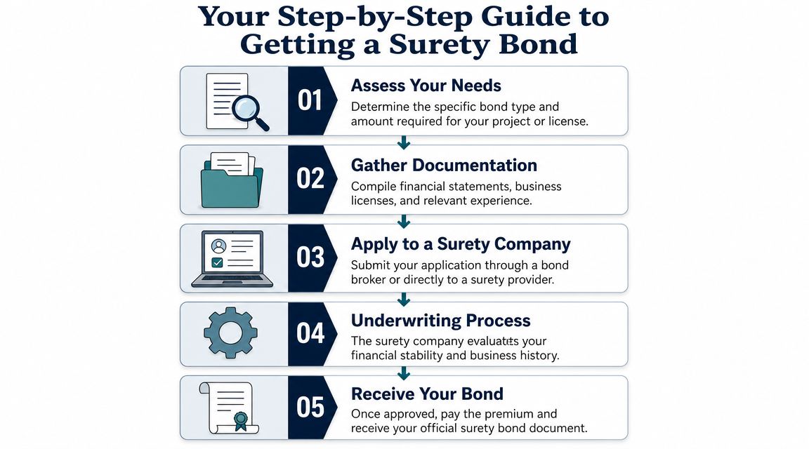 A five-step infographic guide detailing the process for obtaining a surety bond for businesses and projects.