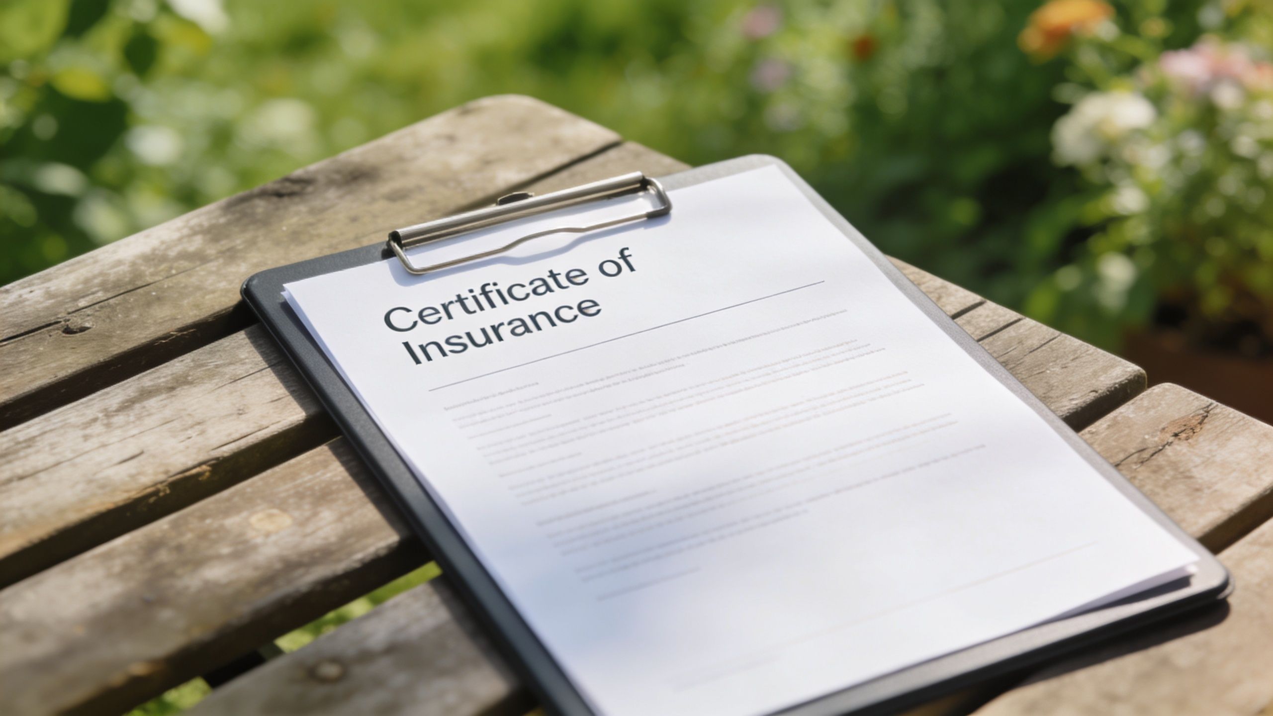 A certificate of insurance document clipped to a clipboard resting on an outdoor wooden table.