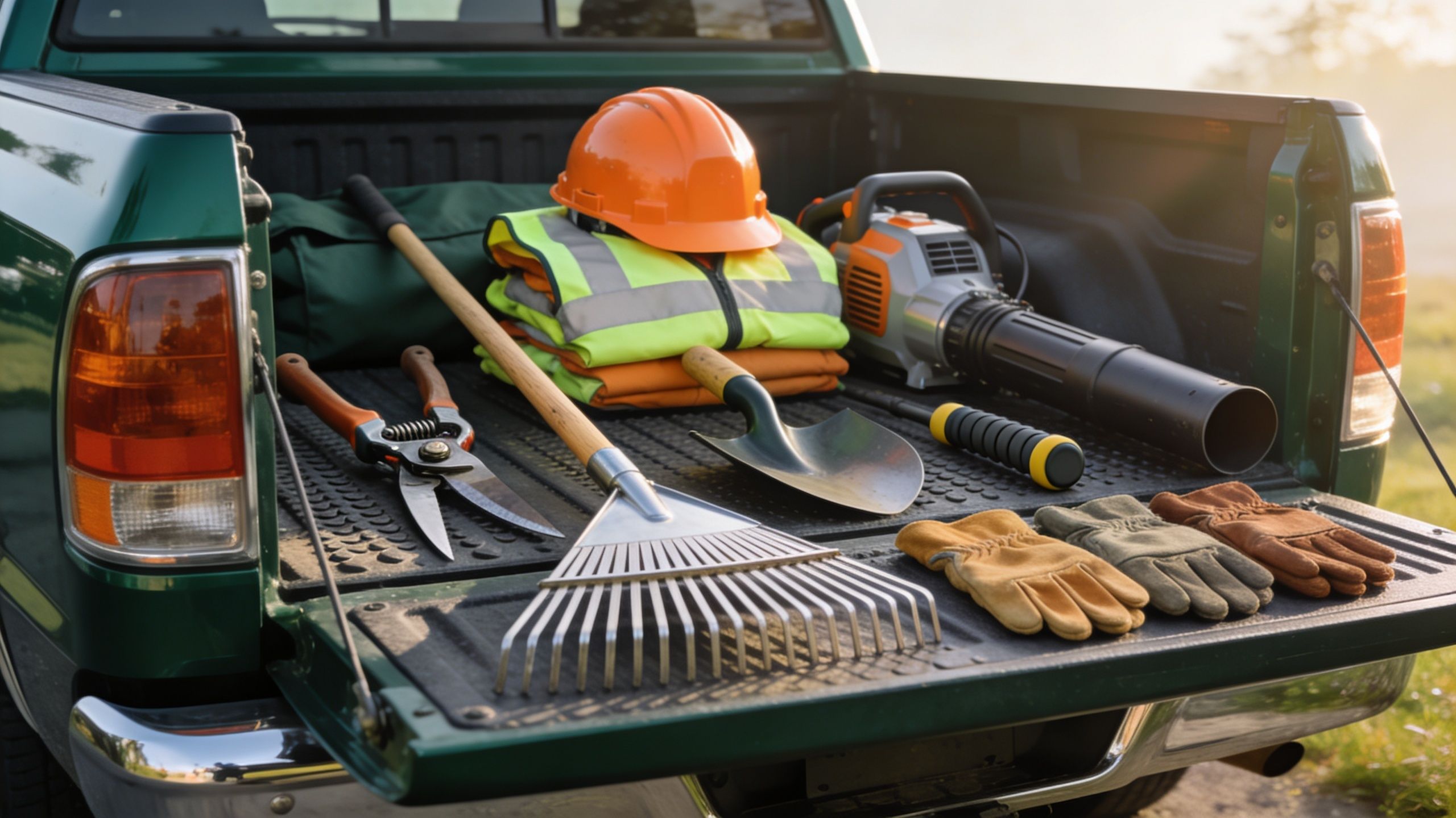 A truck bed filled with landscaping tools, including a leaf blower, rake, shovel, shears, gloves, and helmet.