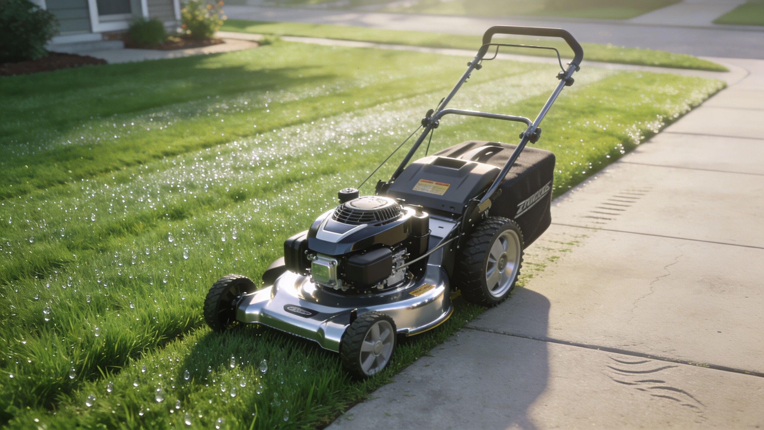 A modern gas-powered lawn mower parked on a residential lawn next to a concrete sidewalk.