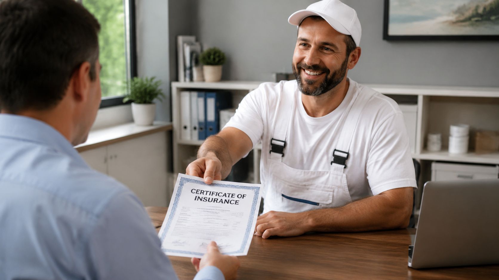 A professional painter handing a certificate of insurance document to a client during a business meeting.
