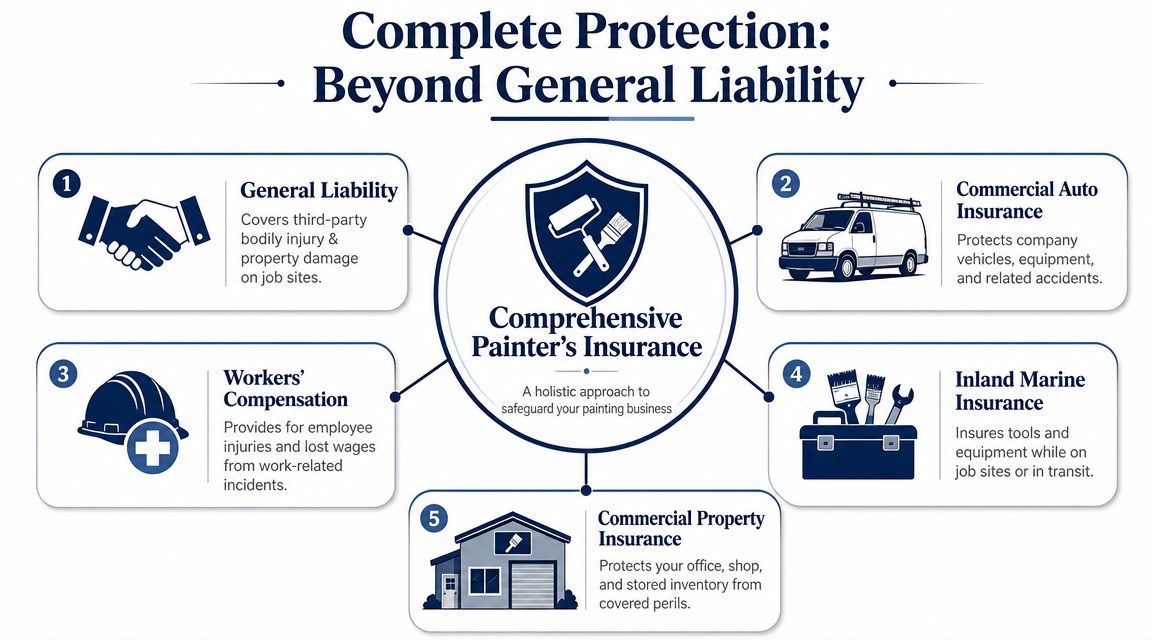 A diagram illustrating five essential types of comprehensive insurance coverage designed specifically for professional painting businesses.