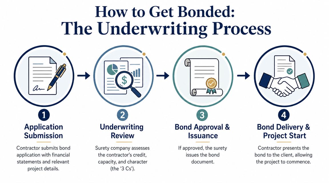 A four-step infographic illustrating the professional underwriting process for obtaining a construction contractor bond.