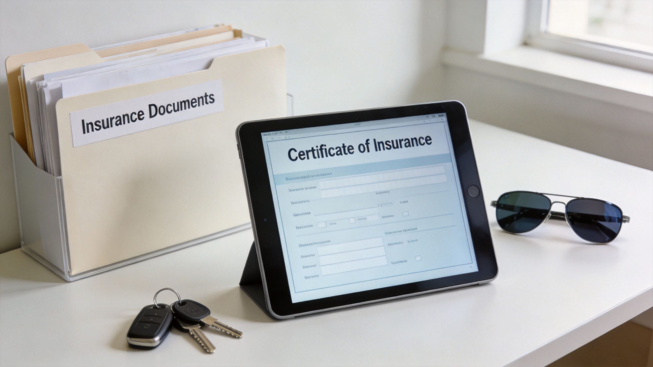 An insurance document folder, car keys, and sunglasses rest next to a digital tablet displaying insurance forms.
