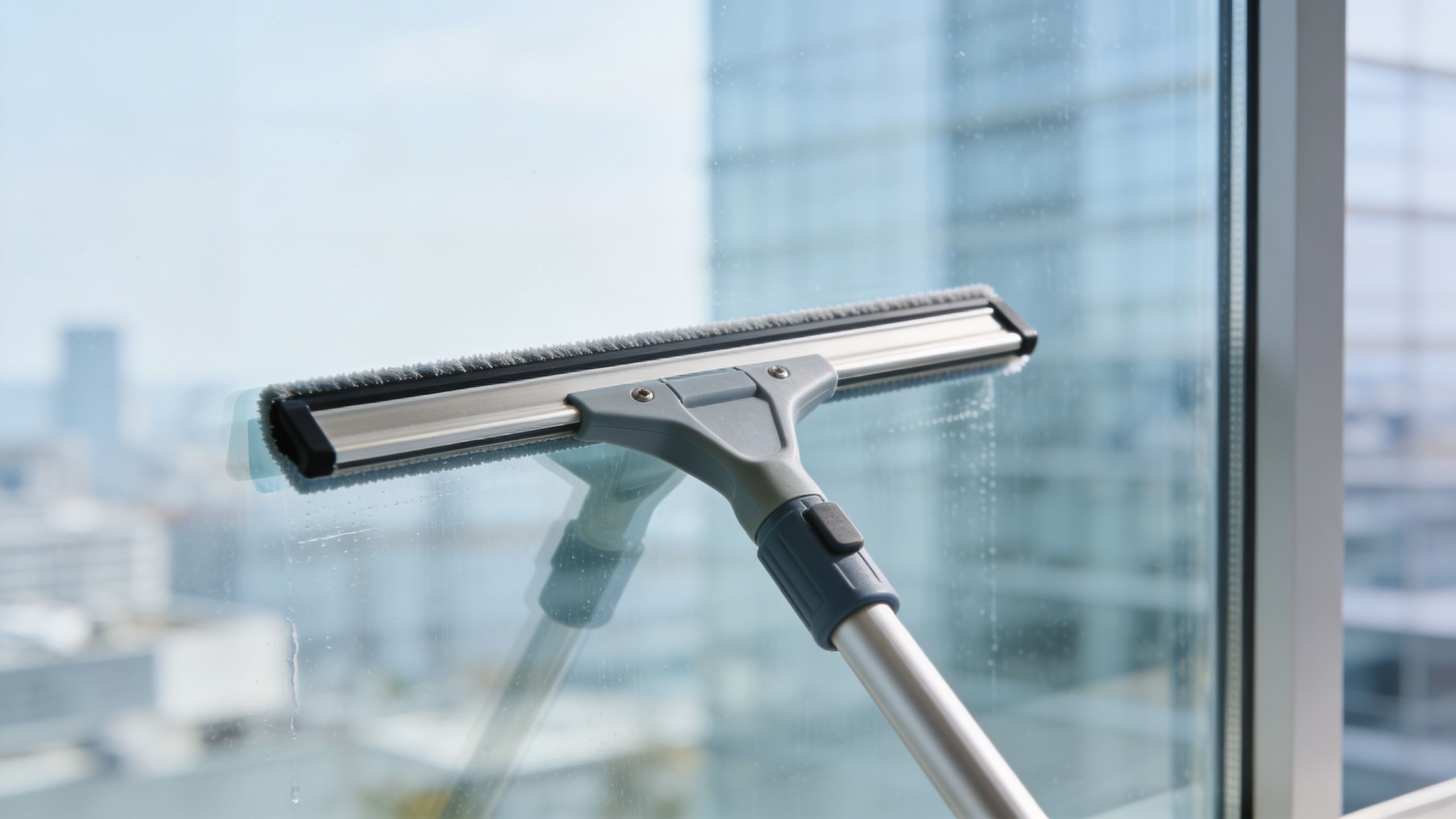A professional squeegee cleaning a large glass window overlooking a blurred cityscape on a bright day.