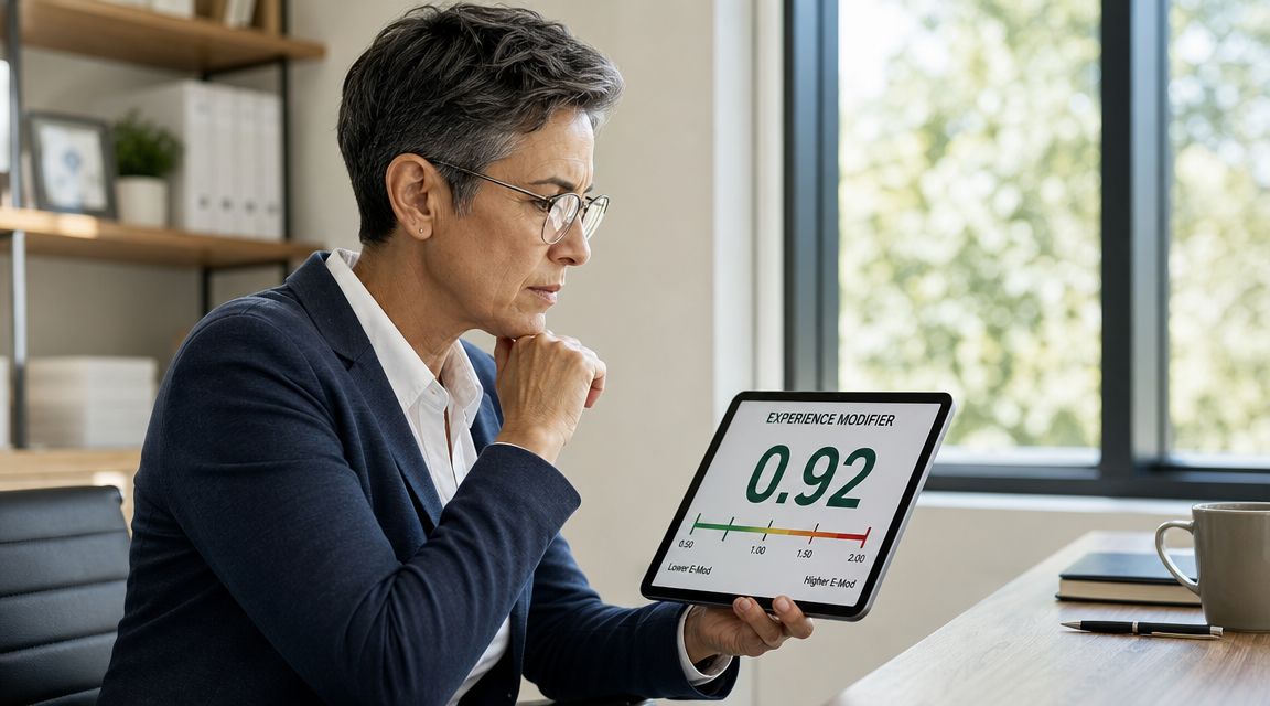 A professional woman in a suit looks thoughtfully at a tablet displaying an experience modifier rating.