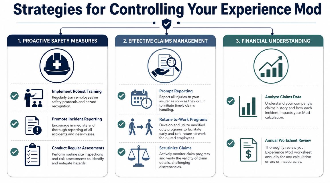 An infographic titled Strategies for Controlling Your Experience Mod outlining safety measures, claims management, and financial review steps.