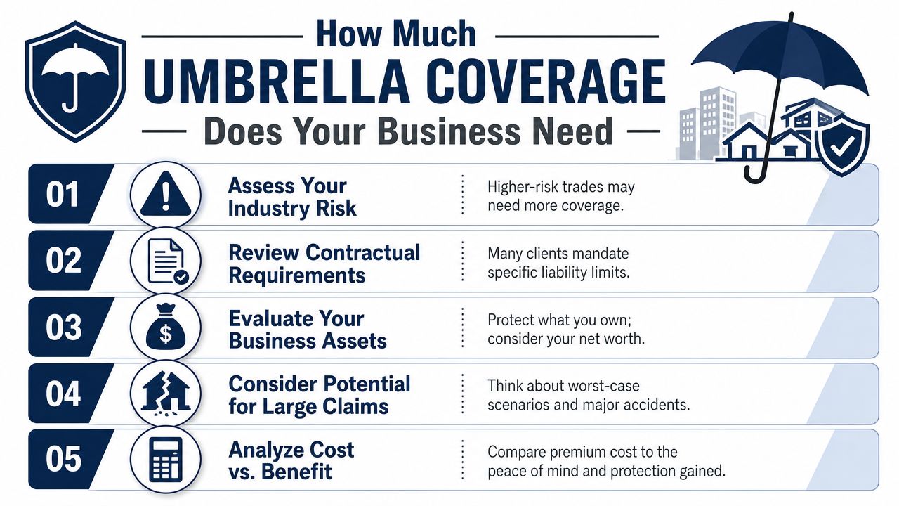 A checklist infographic guiding businesses on how to determine the right amount of umbrella insurance coverage needed.