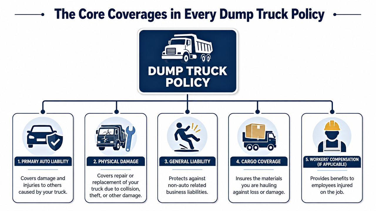 A diagram outlining the five core coverage components essential for a comprehensive dump truck insurance policy.