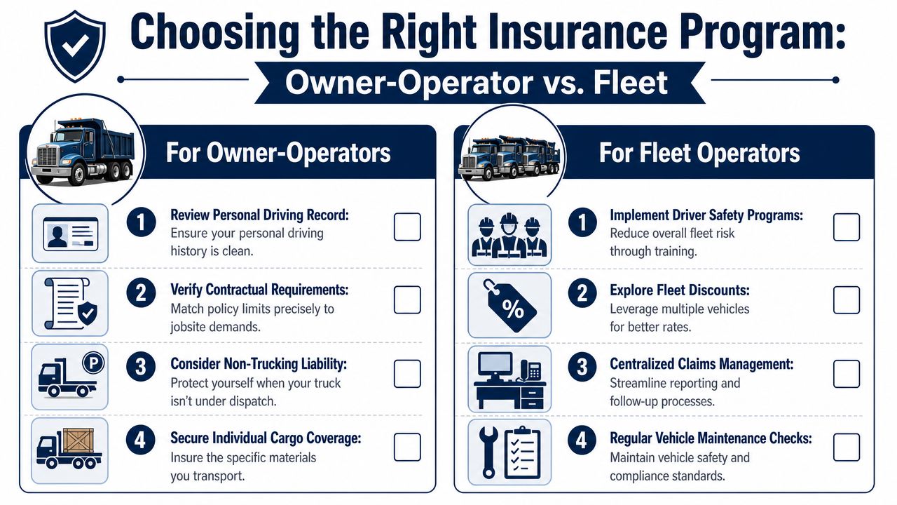 An infographic detailing essential insurance considerations for owner-operators versus fleet trucking business operators.
