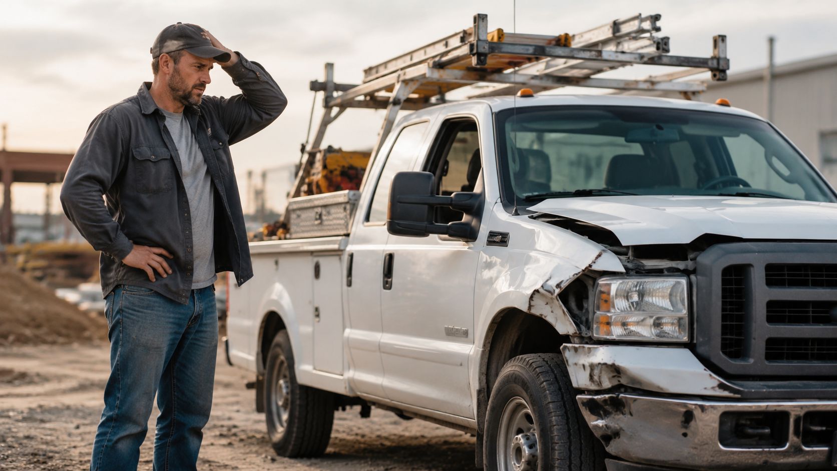 A concerned contractor stands beside his white pickup truck that has front-end damage at a construction site.