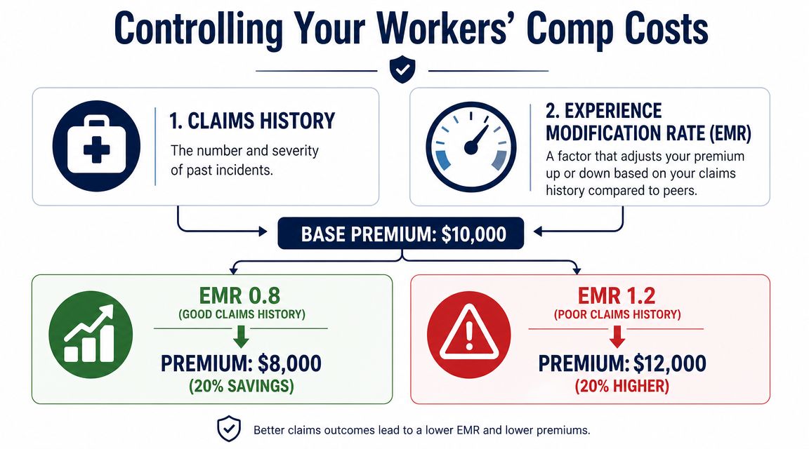 An infographic showing how claims history and EMR affect workers compensation insurance premium costs for businesses.
