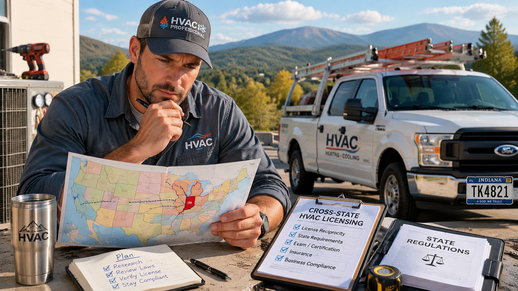 An HVAC technician reviews a map and licensing requirements while planning cross-state business operations outdoors.