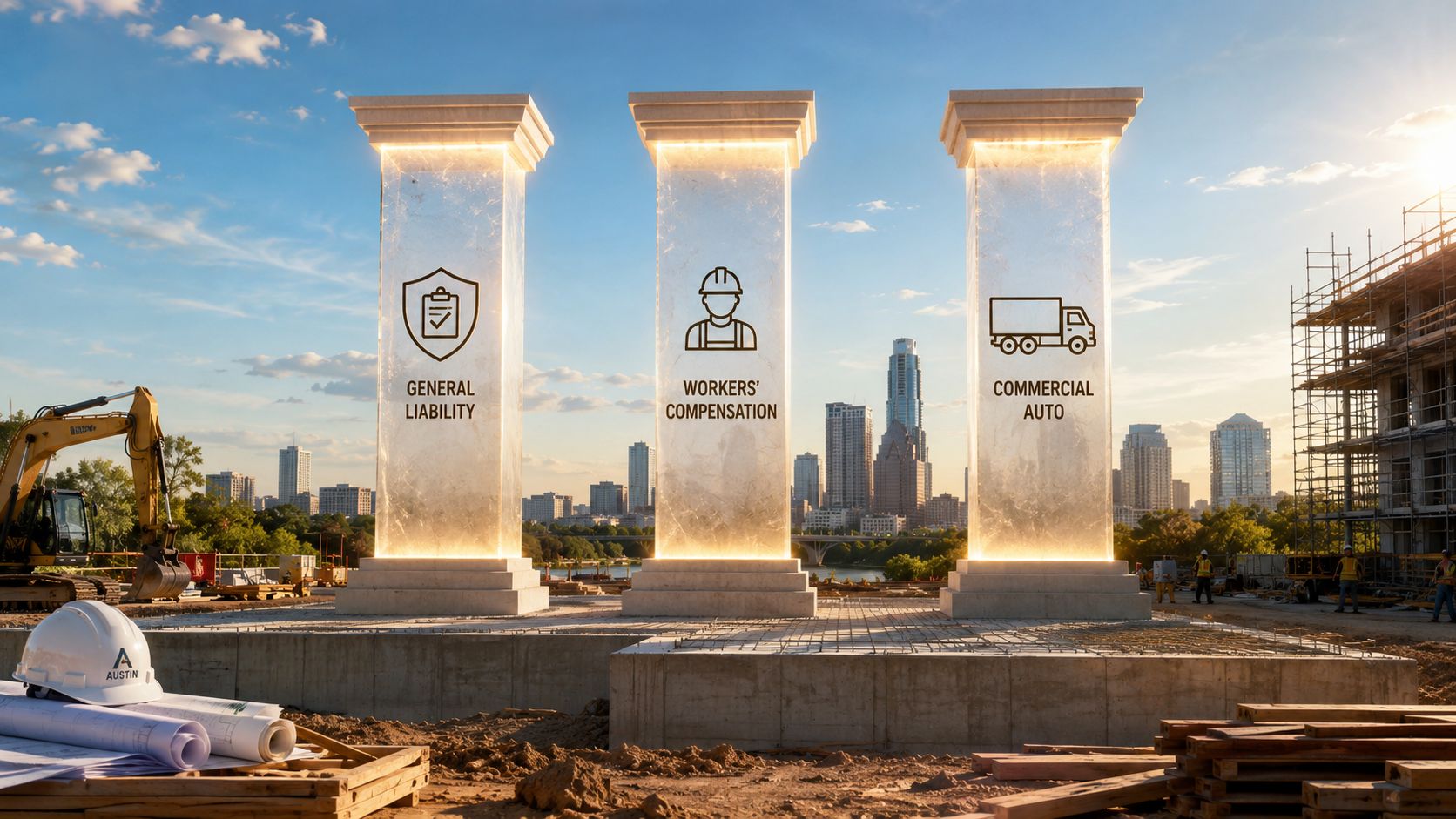 Three glowing marble pillars on a construction site with insurance icons and a city skyline background.