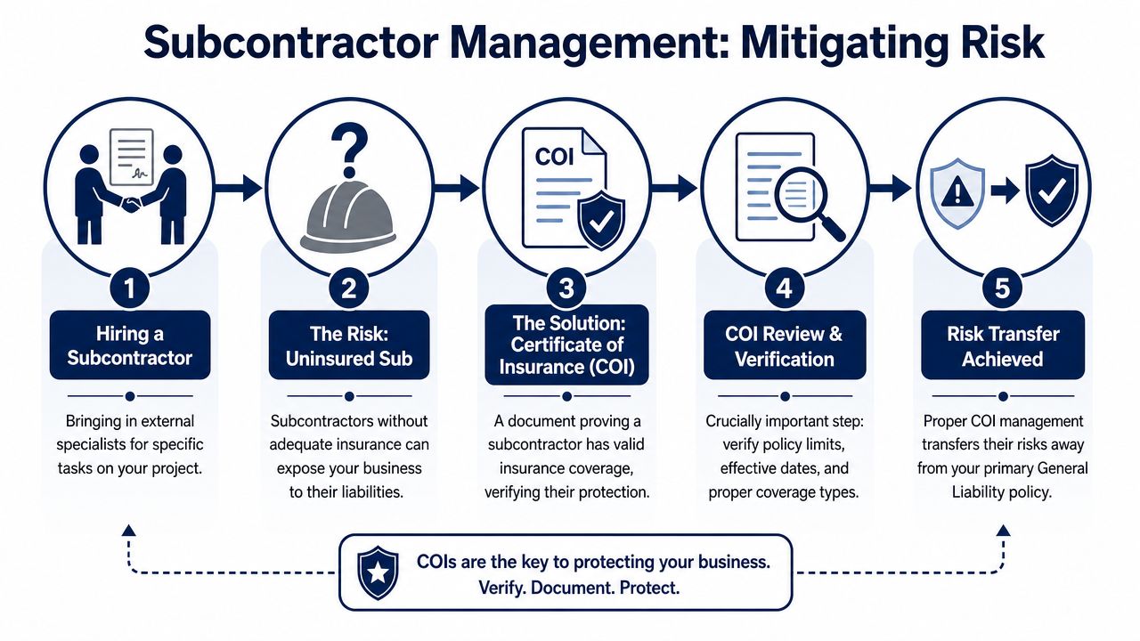 A five-step flowchart illustrating how general contractors mitigate risk through effective subcontractor insurance verification processes.