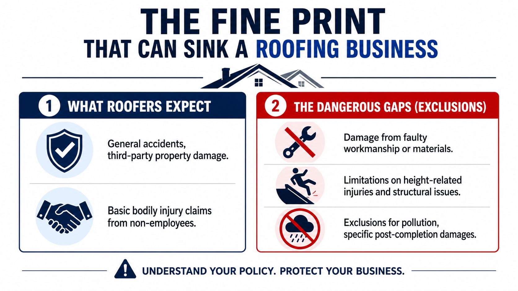 An infographic titled The Fine Print that outlines expected general liability insurance coverage and common policy exclusions.