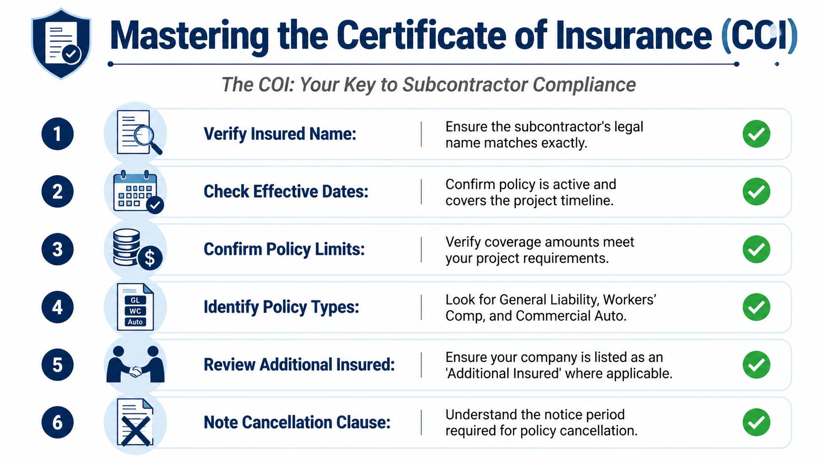 A six-step infographic guide on mastering the certificate of insurance to ensure subcontractor compliance.