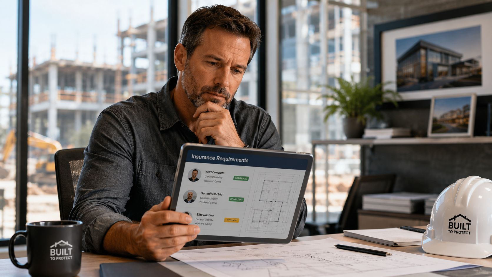 A construction manager reviews subcontractor insurance compliance status on his tablet in a site office.
